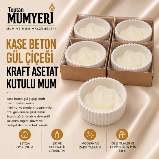 Beton Kase Gül Çiçeği Kraft Asetat Kutulu Mum