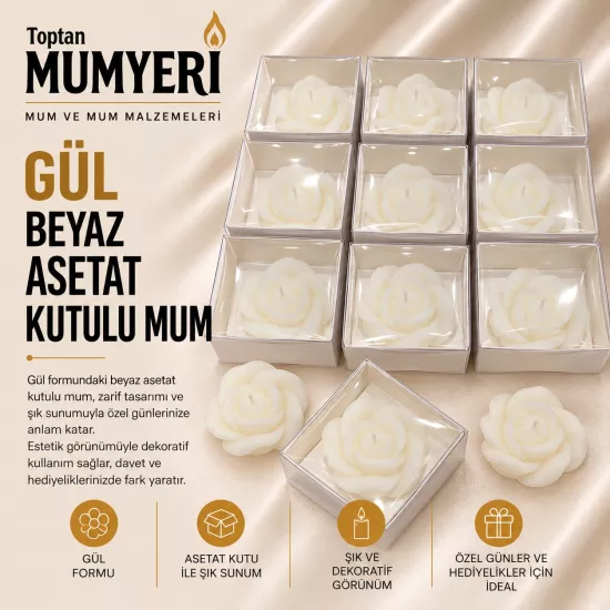 Gül Beyaz Asetat Kutulu Mum