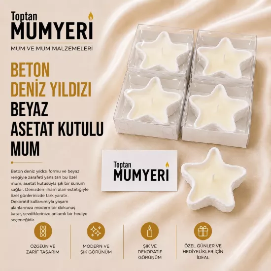 Beton Deniz Yıldızı Beyaz Asetat Kutulu Mum