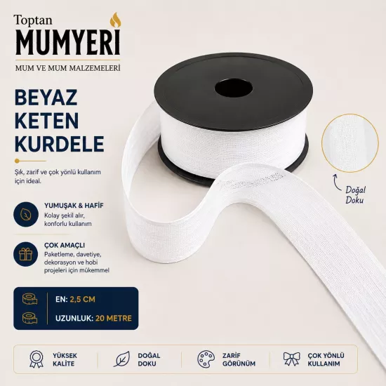 Beyaz Keten Kurdele 2.5 cm (20 Metre)