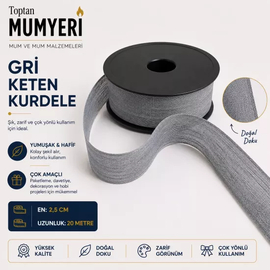 Açık Gri Keten Kurdele 2.5 cm (20 Metre)
