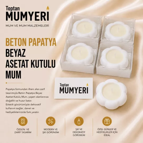 Beton Papatya Beyaz Asetat Kutulu Mum