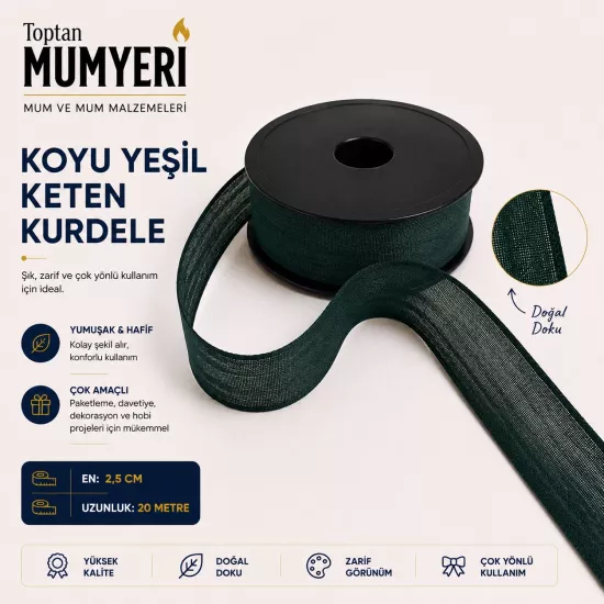 Koyu Yeşil Keten Kurdele 2.5 cm (20 Metre)