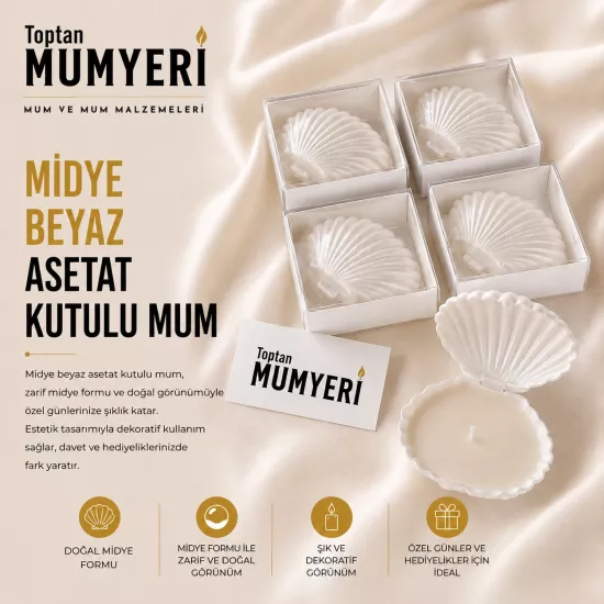 Midye Demonte Beyaz Asetat Kutulu Mum