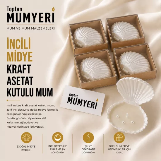 İncili Midye Demonte Kraft Asetat Kutulu Mum