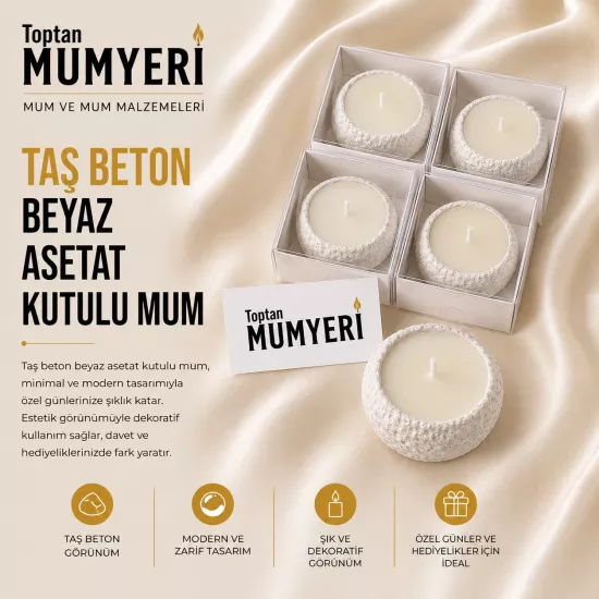 Taş Beton Beyaz Asetat Kutulu Mum