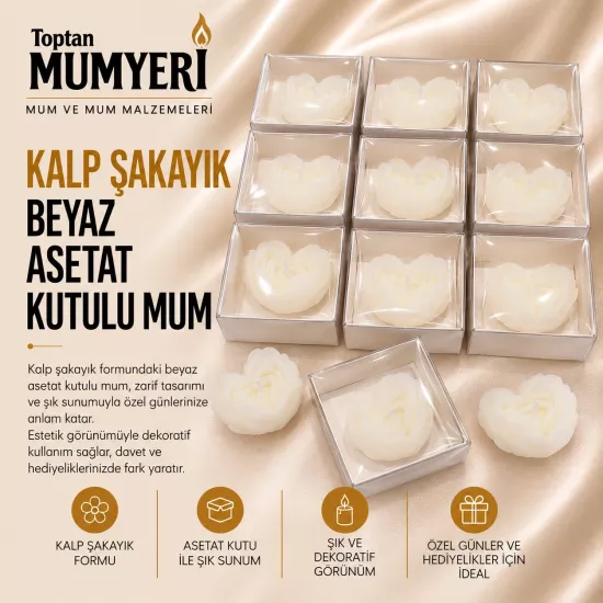 Kalp Şakayık Beyaz Asetat Kutulu Mum