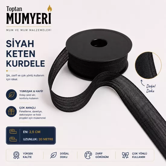 Siyah Keten Kurdele 2.5 cm (20 Metre)