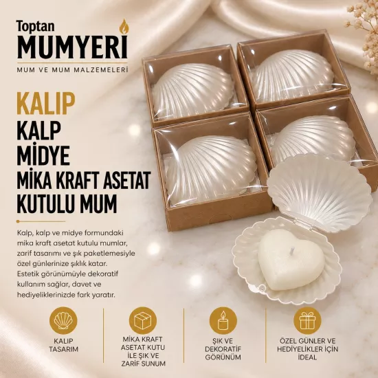 Kalıp Kalp Midye Mika Kraft Asetat Kutulu Mum