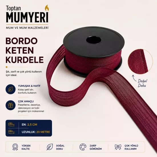 Bordo Keten Kurdele 2.5 cm (20 Metre)