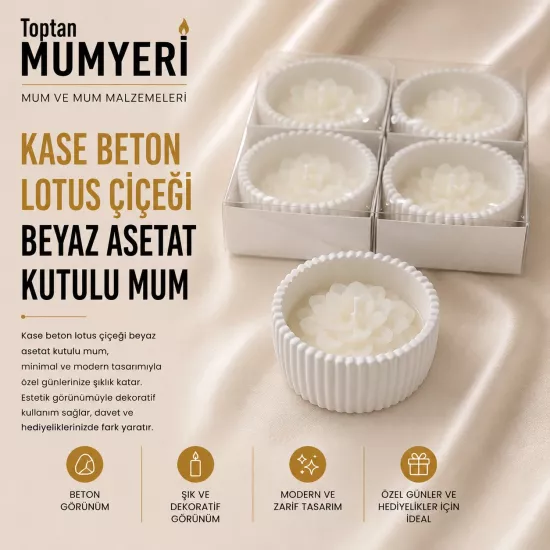 Kase Beton Lotus Çiçeği Beyaz Asetat Kutulu Mum