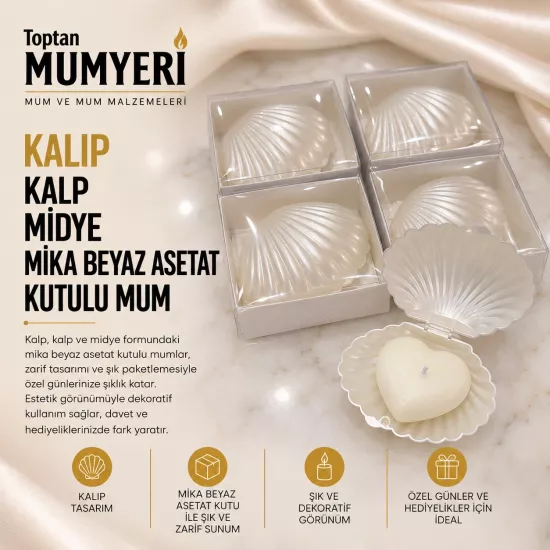 Kalıp Kalp Midye Mika Beyaz Asetat Kutulu Mum