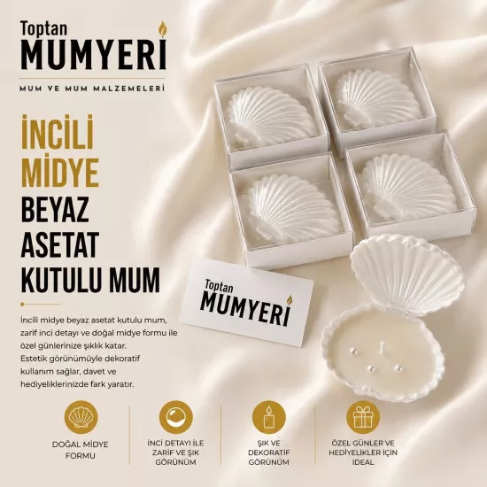 İncili Midye Demonte Beyaz Asetat Kutulu Mum