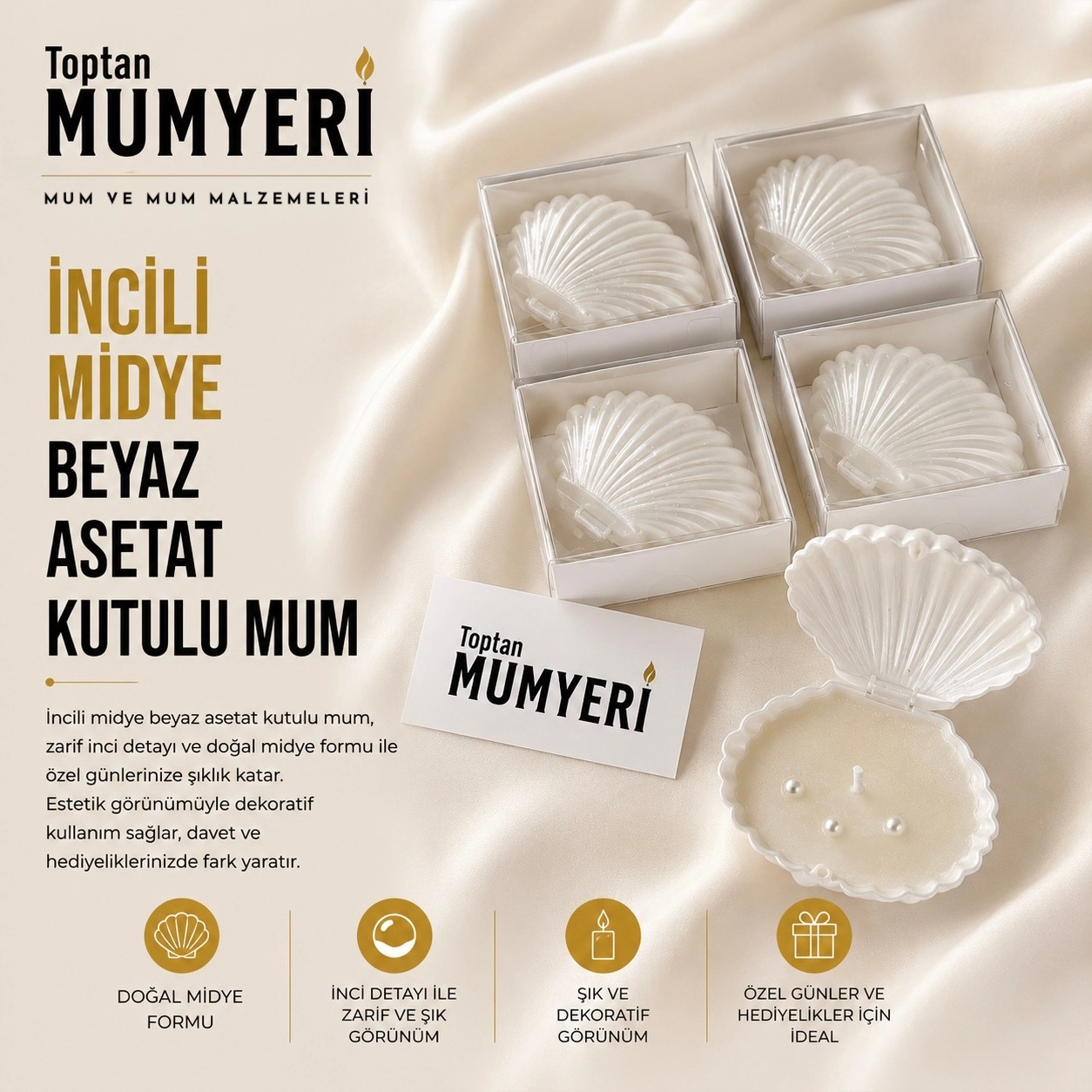 İncili Midye Demonte Beyaz Asetat Kutulu Mum