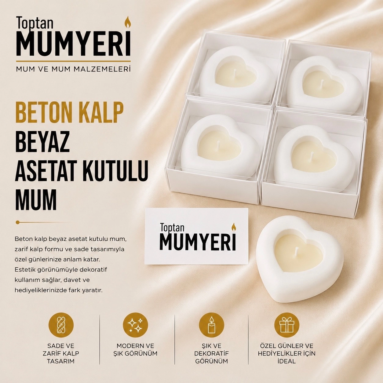Beton Kalp Beyaz Asetat Kutulu Mum